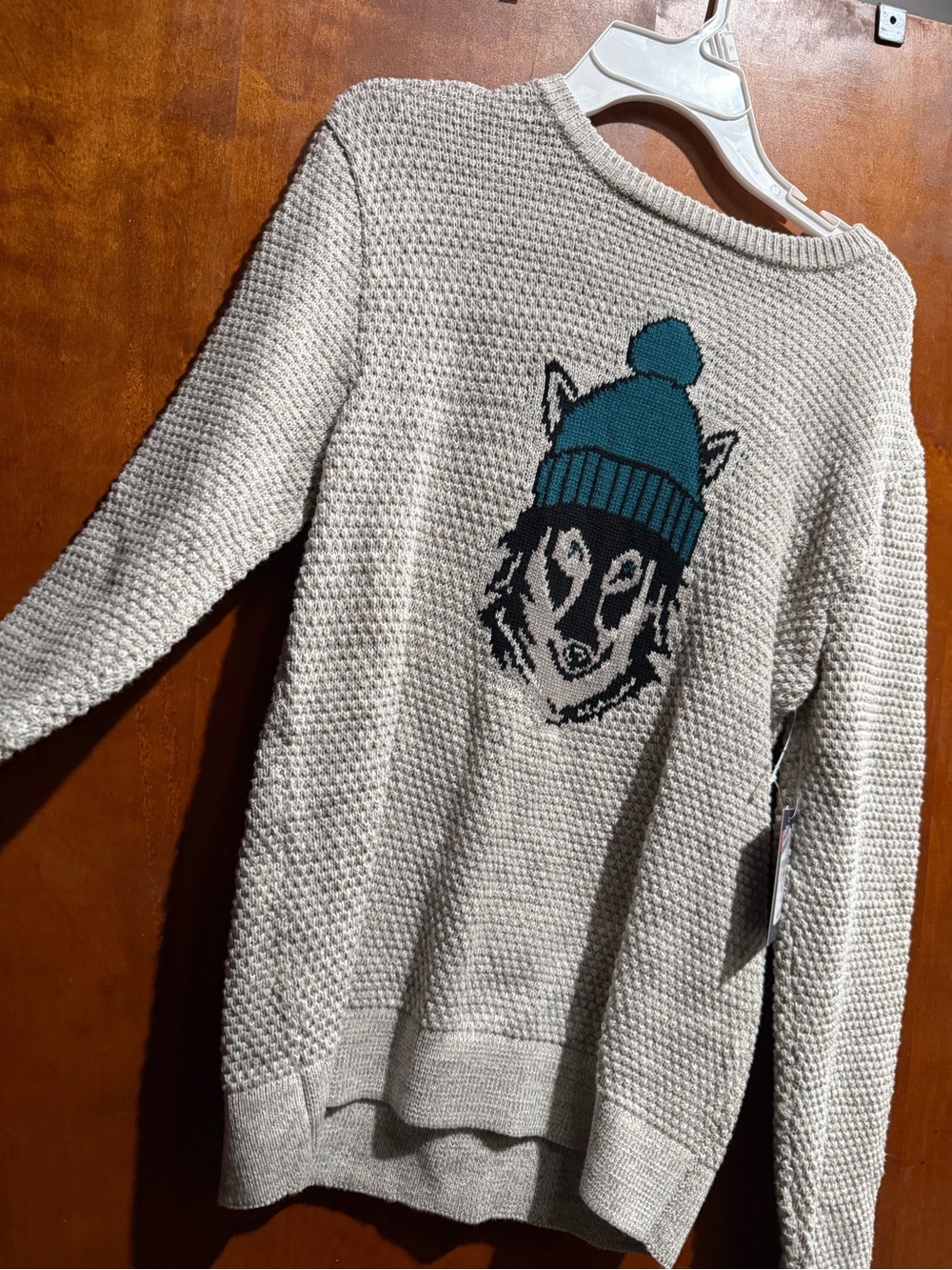 Boys Chaps Cream Knit Sweater with Teal Beanie Wolf